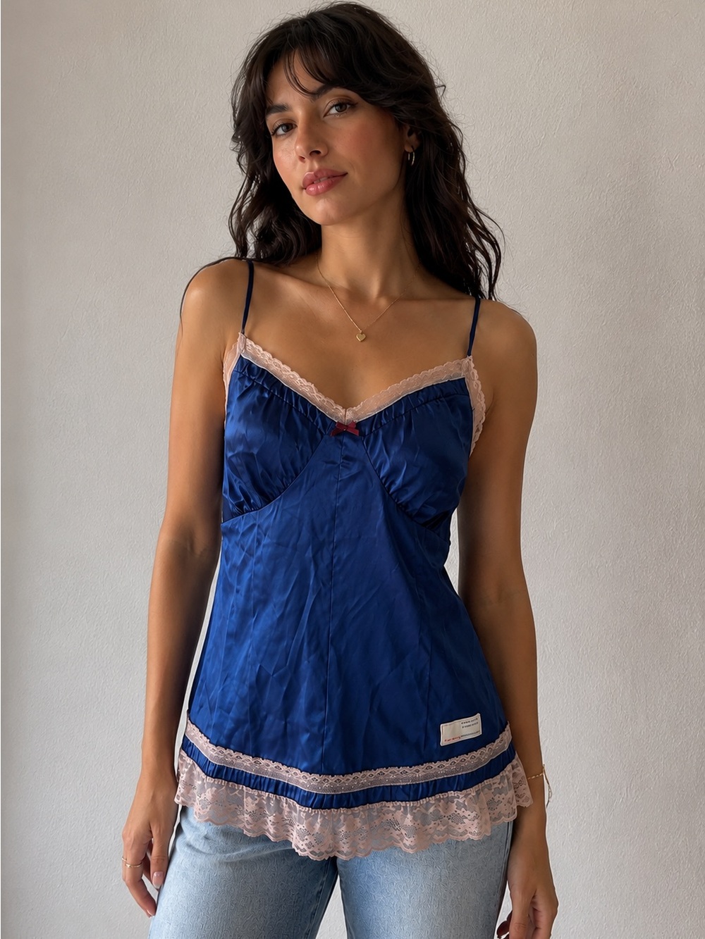NWT Odd Molly 100% Silk Lace Trim Babydoll Camisole Top Y2K Blue Sz 3/Large
